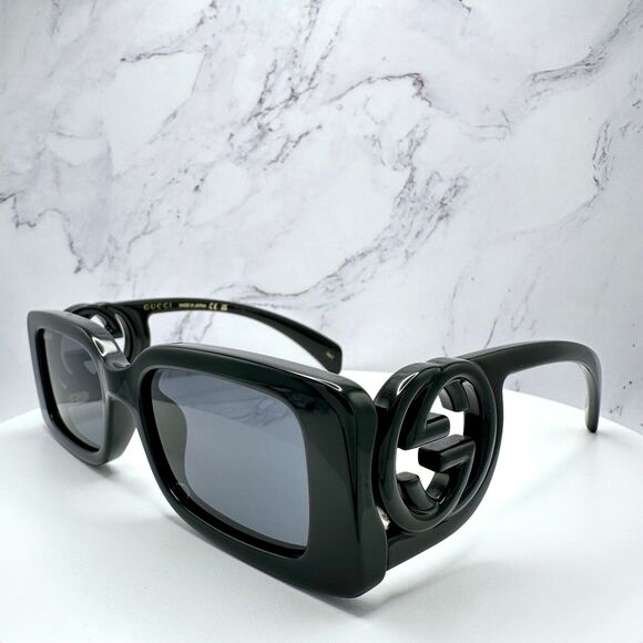 New Gucci Sunglasses Black Rectangle Square GG Logo Triple Black 54mm - Picture 3 of 16